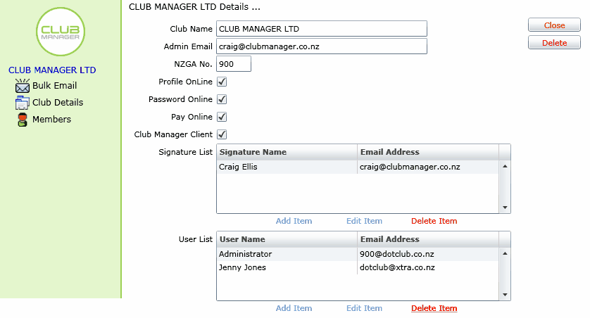 club details delete user